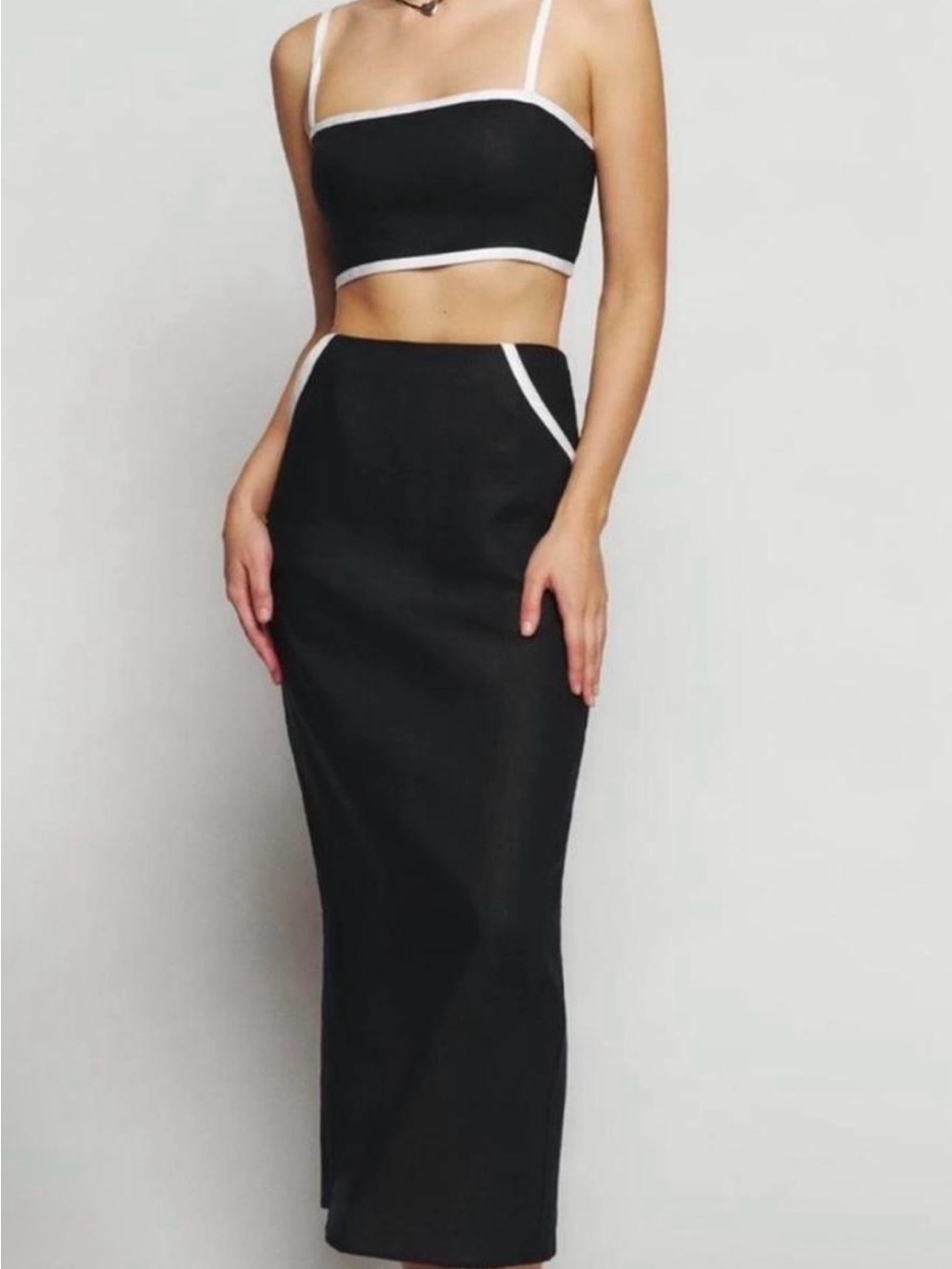 Reformation Black Maxi Skirt Set with White Contrast Trim Elena
